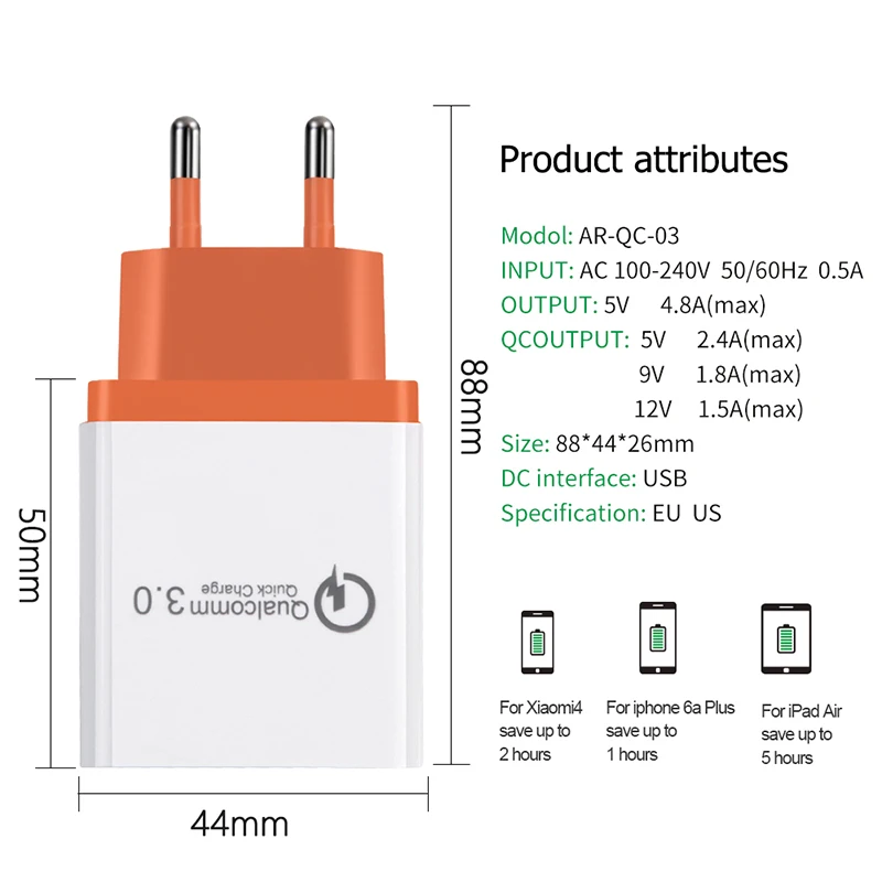 3 порта USB зарядное устройство для мобильного телефона Быстрая зарядка QC 3,0 Быстрая зарядка настенное зарядное устройство EU переходник для iPhone huawei Xiaomi samsung