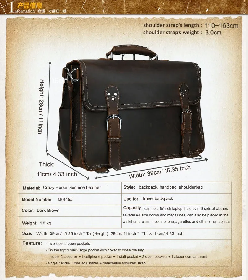 Genuine Leather Business Briefcase with 2 Compartments Color Brown