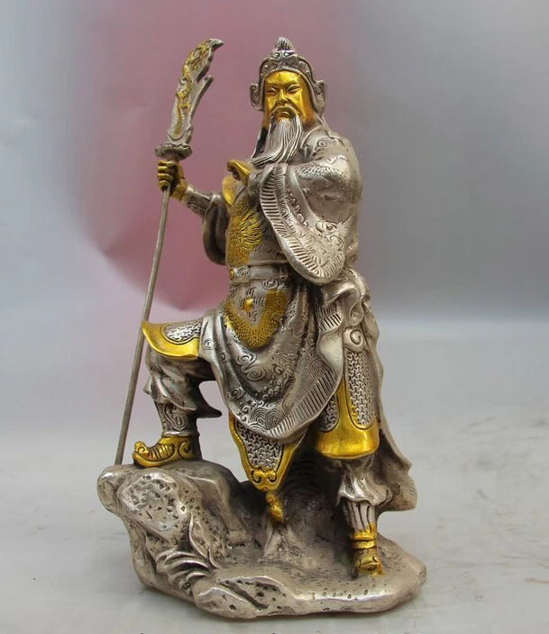 

song voge gem S0915 China White Copper Silver Warrior Guan Gong Yu Buddha Hold Dragon Sword Statue