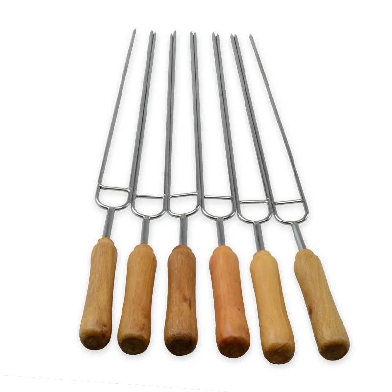 6pcs Stainless Steel BBQ Fork Needle Wooden Handle Row U BBQ Roast Barbecue Skewers Picnic Camping Tools Accessories