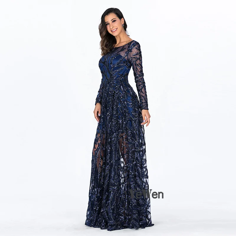Royal Blue O-Neck Lace Dubai Evening Dresses Long Sleeves Sequin Luxury Party Prom Gown Floor-Length robe de soiree YW100156 Royal Blue O-Neck Lace Dubai Evening Dresses Long Sleeves Sequin Luxury Party Prom Gown Floor-Length robe de soiree YW100156