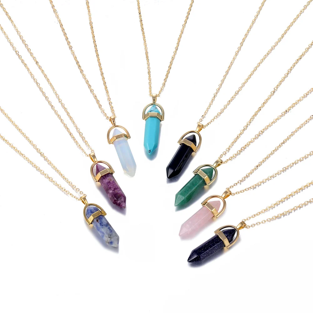 Модные шестиугольные колонны кварцевые золотые ожерелья и подвески цепи натуральный камень в виде пули кристалл кулон ожерелье для женщин ювелирные изделия