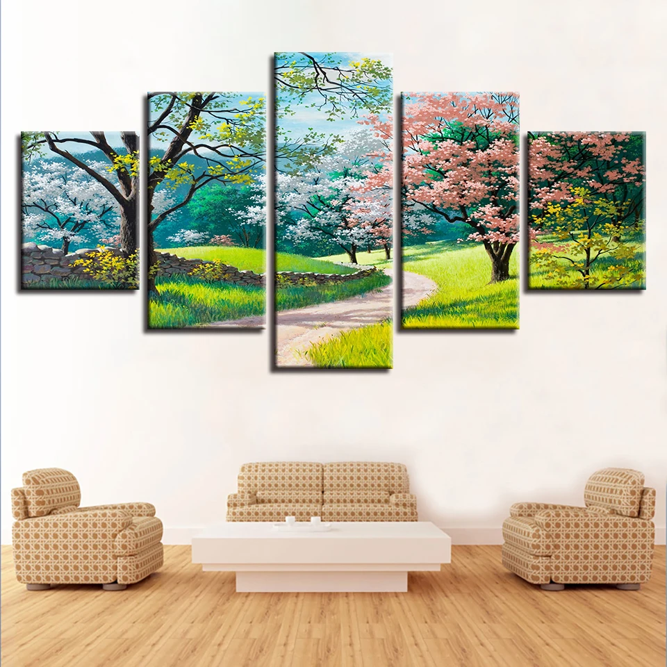 Full Square/Round Drill 5D DIY diamond painting&quot5 Piece Green Trees Flowers Grass Path Spring Natural Scenery&quotDiamond Embroidery | Дом и