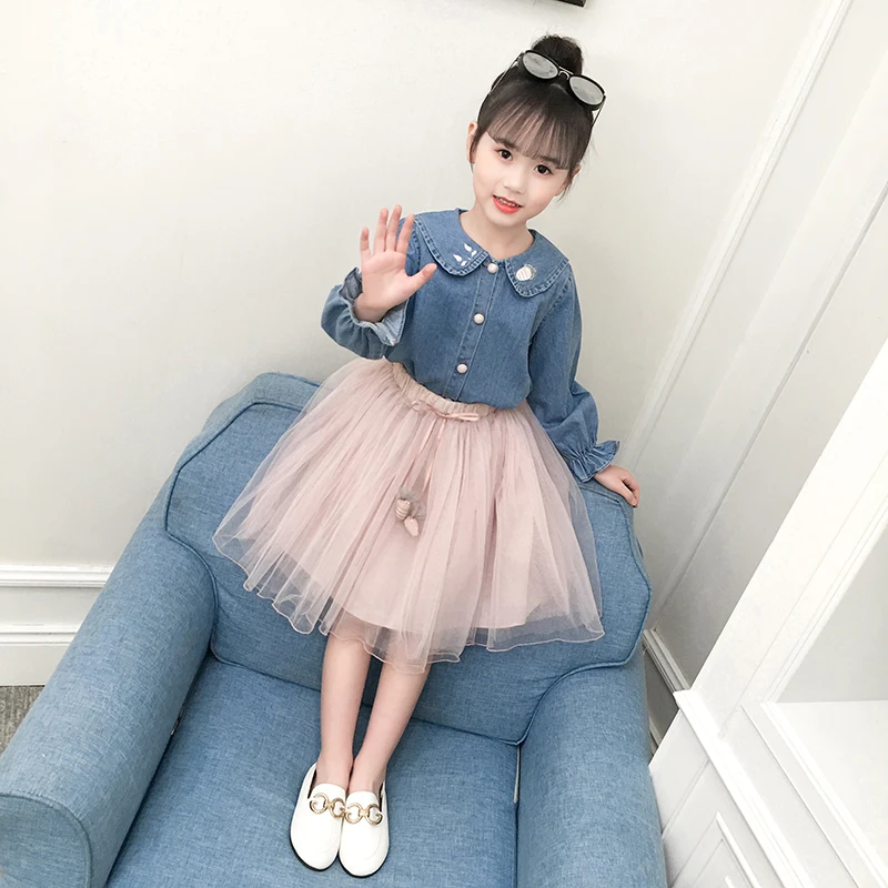 

BBZAI NEW spring autumn Kids Dresses Brand fresh two pieces Long sleeves Jeans shirt+ Chidlren Voile pleated Free shipping