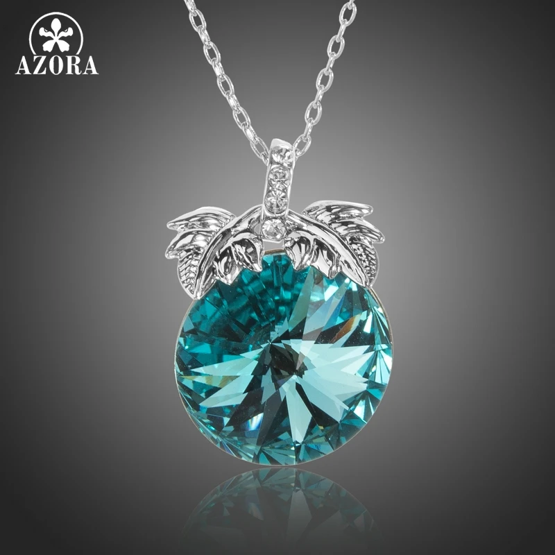 

AZORA White Gold Color Big Pendants Necklaces with Round Shiny Blue Fruit Austrian Crystals Women Fashion Jewelry TN0233