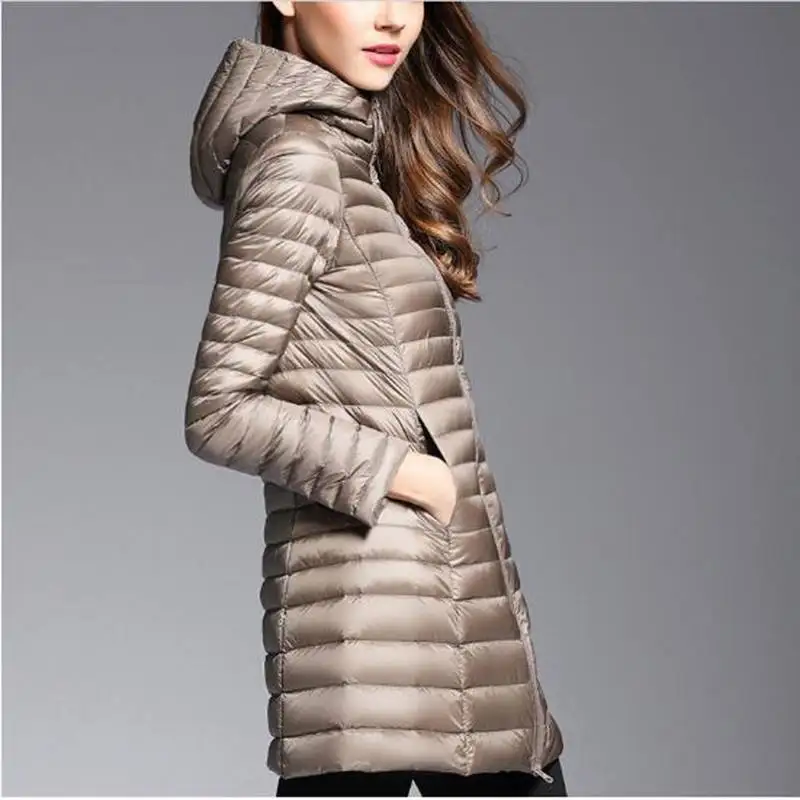 

2018 Woman Spring Hooded Long Jacket White Duck Down Female Overcoat Ultra Light Slim Solid Jackets Coat Portable Parkas AC406