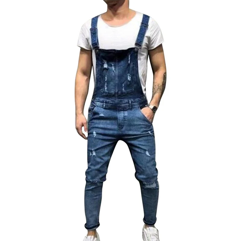 B blue Модные Для Мужчин's Рваные джинсы комбинезоны Марка NEW Fashion Hi Street рваные джинсовые Комбинезон для мужчин на подтяжках с длинными Короткие штаны Размеры S-XXXL - Цвет: B blue