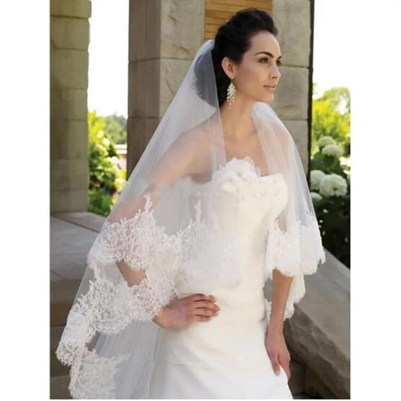 

New Arrive Wedding Veils 3M One Layer White Ivory Lace Applique Sequins Edge Cathedral Length Free Comb Custom Made Bridal Veil