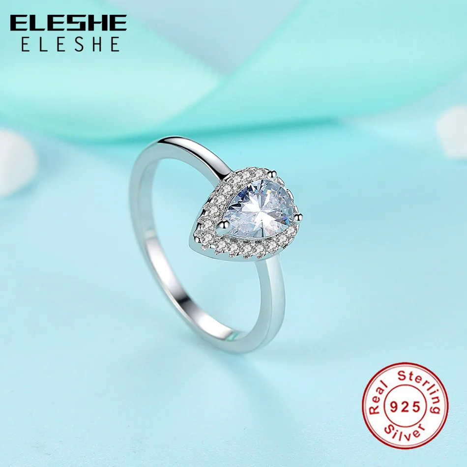 ELESHE 2018 New Fashion Radiant Teardrop Rings Finger with Clear CZ 100% Authentic 925 Sterling-Silver-Jewelry for Women Gift