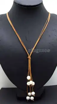 

Big 10-11mm White Potato Natural FW Pearl & Brown Leather 4 strands 32" Long Necklace-nec6146 Wholesale/retail Free ship