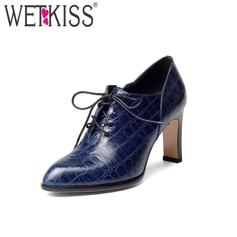 

WETKISS Embossed Cow Leather Shoes Women's High Heels New Arrival Side Zip Ladies Lace Up Female Footwear