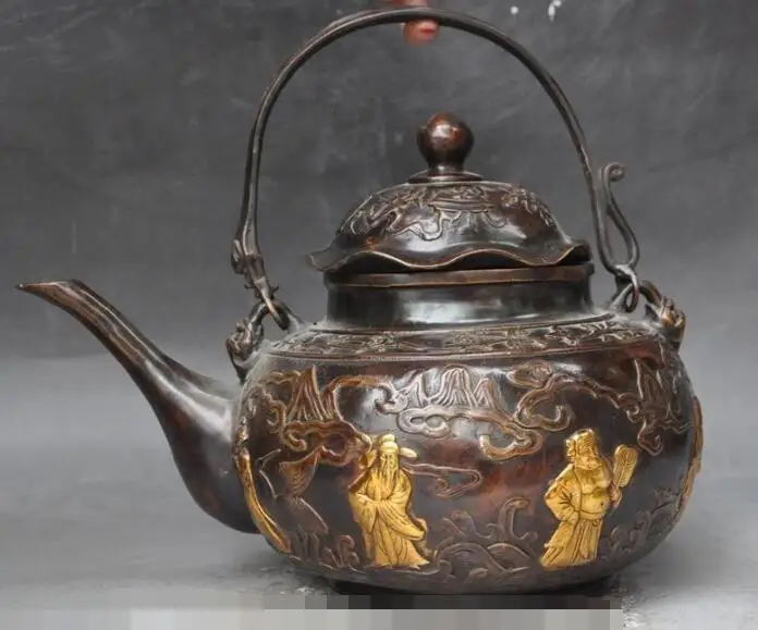 

S05751 12" old chinese bronze gilt Eight treasures 8 Immortal god statue Teapot Kettle discount 30% (C0324)