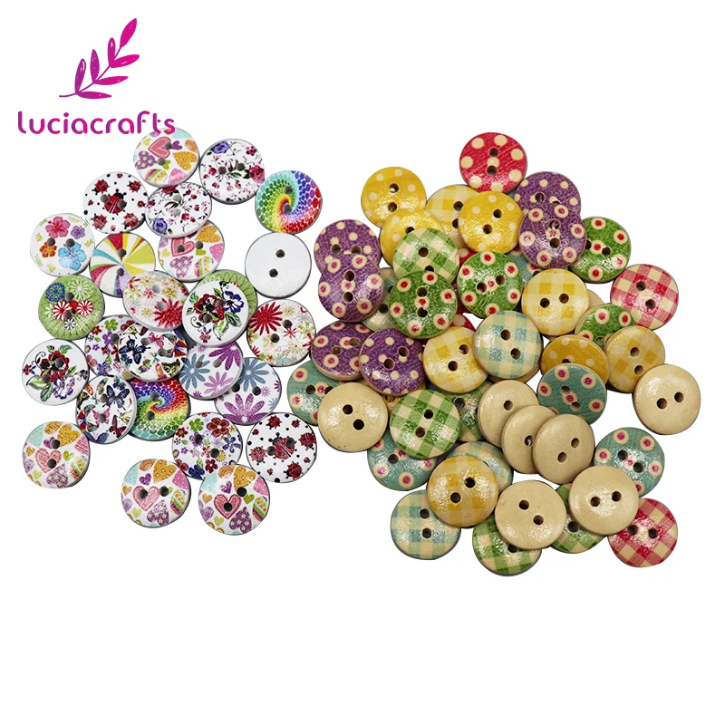

Lucia crafts 48pcs/lot 15mm Random Mixed Plaid Polka Dots Painted Wooden Buttons Sewing DIY Scrapbooking Accessories E0231