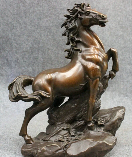 

shitou 001797 11" Folk Chinese Year Zodiac Pure Bronze FengShui Running Horse On Stone Statue discount 30% (C0324)