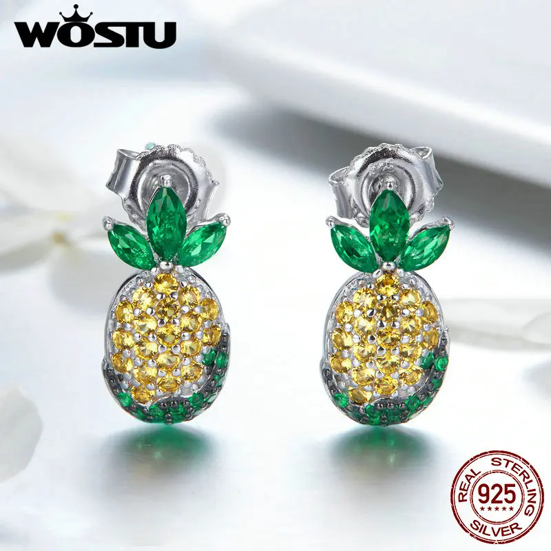 

WOSTU 100% 925 Sterling Silver Pineapple Stud Earrings AAA Zircon Silver Earrings For Women Wedding Engagement Jewelry FIE530