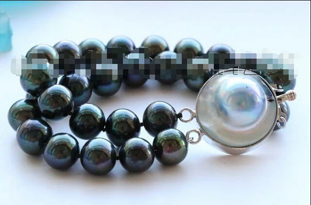 

Free shipping >>>>>>8" genuine Double Natural 12mm Black Round Pearl bracelet mabe clasp #f1632