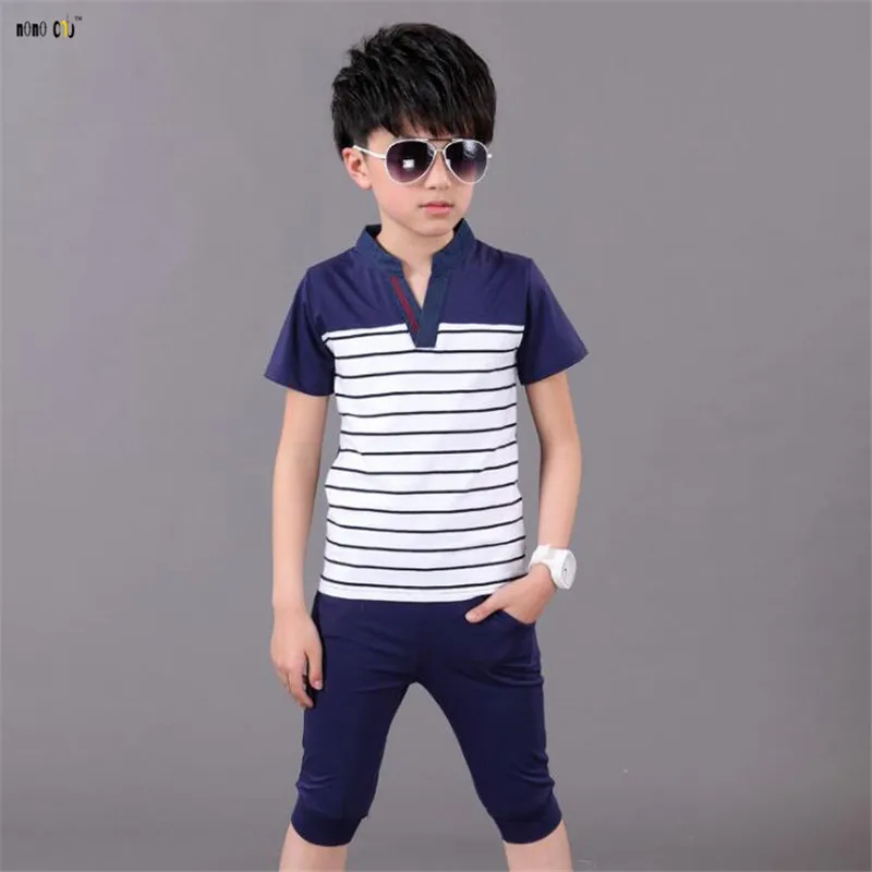 Комплект летней детской одежды для мальчиков, комплект из 2 предметов: футболка и штаны, повседневная одежда в полоску для подростков, одежда для детей 5, 6, 7, 8, 9, 10, 11, 12 лет - Цвет: Dark blue