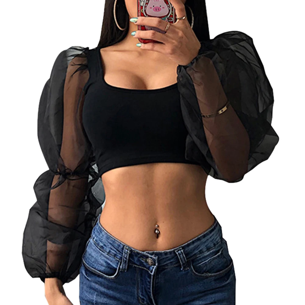 2020 New Fashion Summer Women Sexy Crop Tops Mesh Stitching Lantern Long Sleeve Short Vest White/Black | Женская одежда