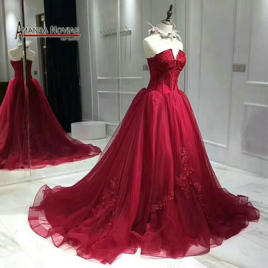 

2019 New Wine Red Wedding Dress Back Lace Up Real Pictures