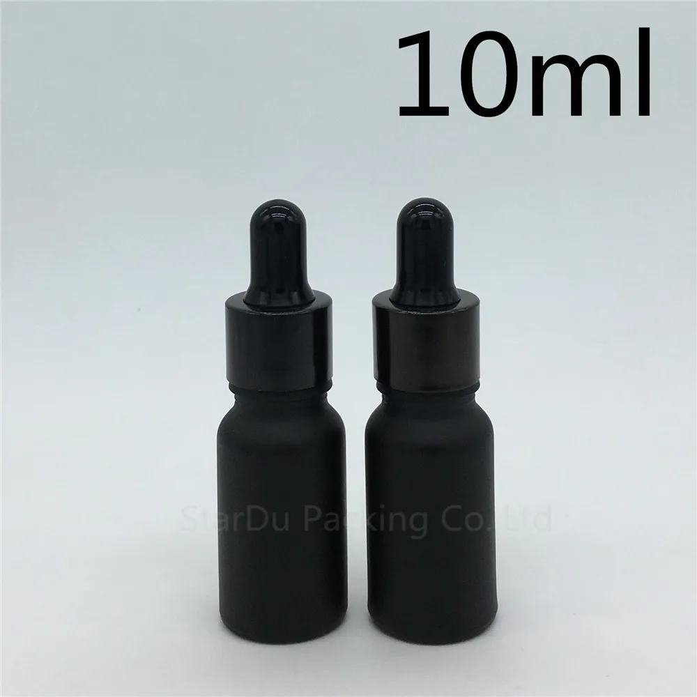 Free shipping 12pcs 10ml black frosted glass essential oil bottle with shiny black ring dropper ...