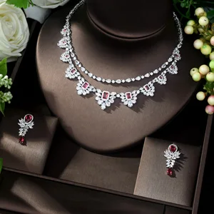 HIBRIDE, красивые белые и красные фианиты, Женские Ювелирные наборы, женское ожерелье, серьги для путешествий, вечерние, для шоу, N-1039 - Окраска металла: Platinum plated