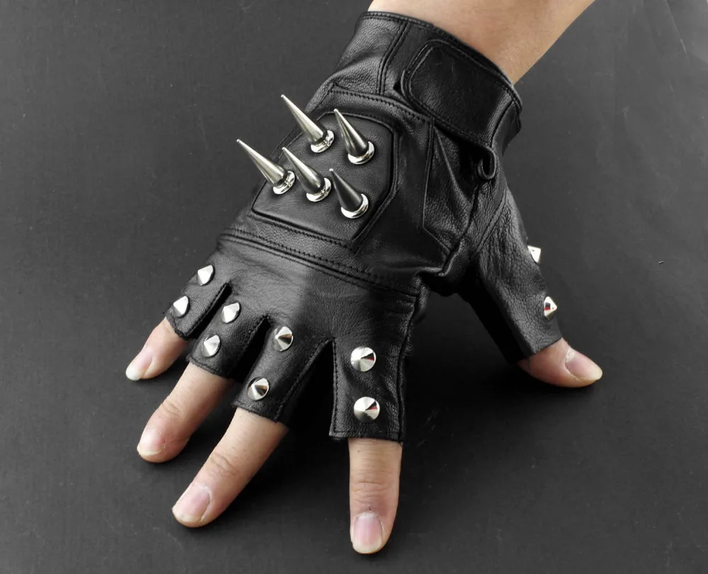 Silver Spike Studded Chevron Pattern Fingerless Leather Gloves L