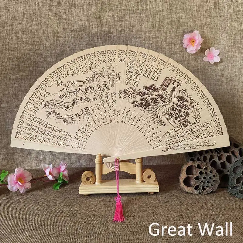 1Pcs Chinese wood carving printing Vintage antique craft fan Incense wood lady folding fan