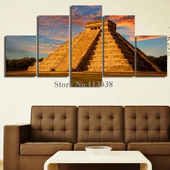 

Free Shipping 5 Panels Gold Mexican Pyramid Printed Canvas Painting Living Room Wall Art Pictures Home Decor