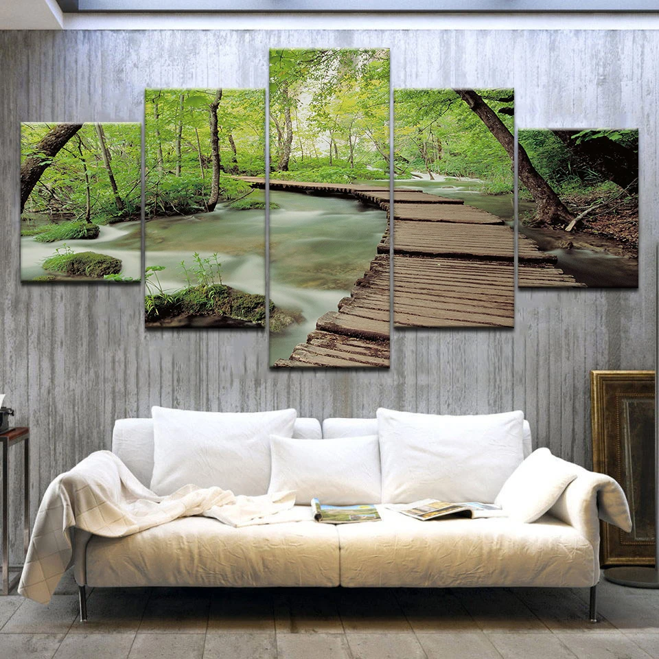 

5 Panel HD Print Green forest wood bridge wall posters Print On Canvas Art Painting For home living room decoration