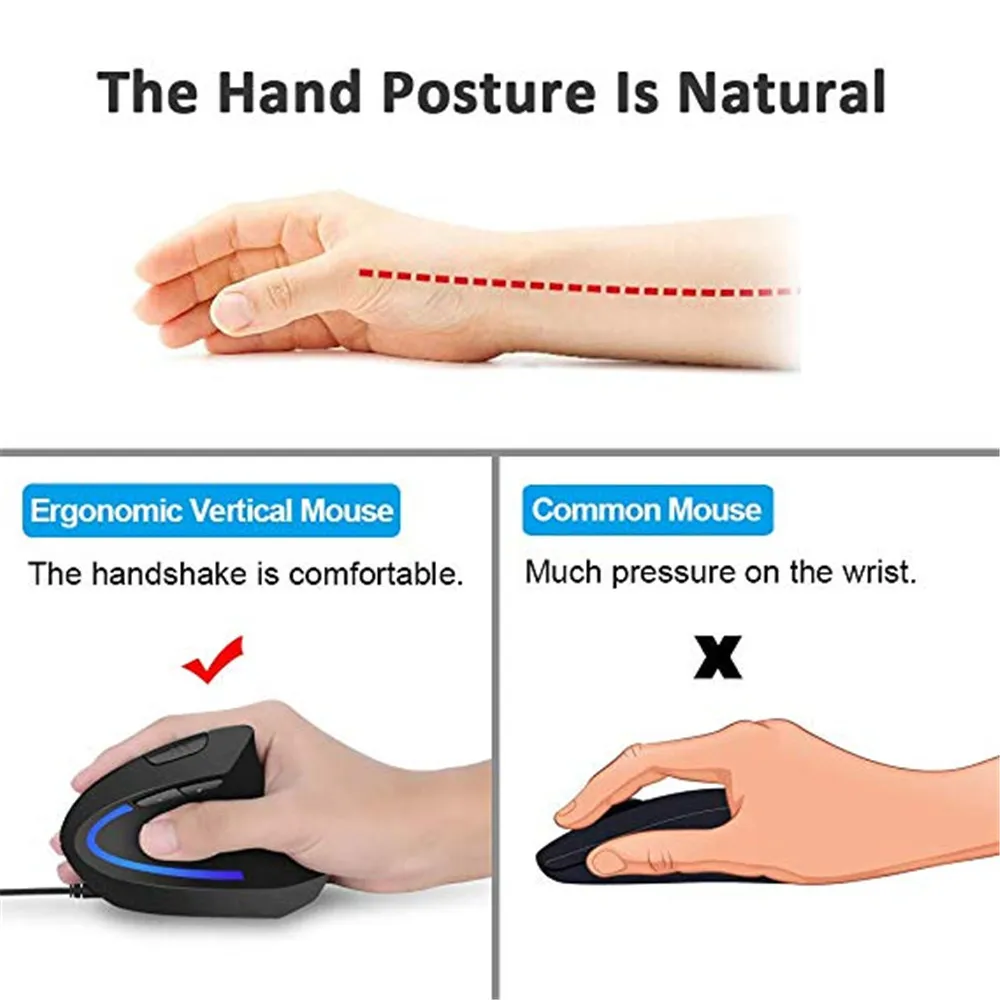 Vertical Mouse 800/1200/2000 3200 DPI Computer Wired Mause Wrist Rest Protection USB Optical Ergonomic Colorful LED Mice For PC Vertical Mouse 800/1200/2000 3200 DPI Computer Wired Mause Wrist Rest Protection USB Optical Ergonomic Colorful LED Mice For PC