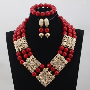 

Luxury Red Coral Beads Jewellery Sets Gold Pendant Statement Chunky Necklace Set 2017 Bride Jewlery Free Shipping WD913