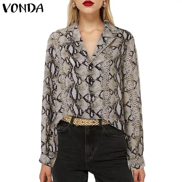 Women Snake Print Blouses 2019 Autumn Long Sleeves Lapel Neck Snakeskin Shirts High Street