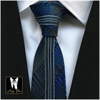 

Men Designer Tie Popular Skinny Necktie Royal Blue with Black Plaids White Vertical Stripes
