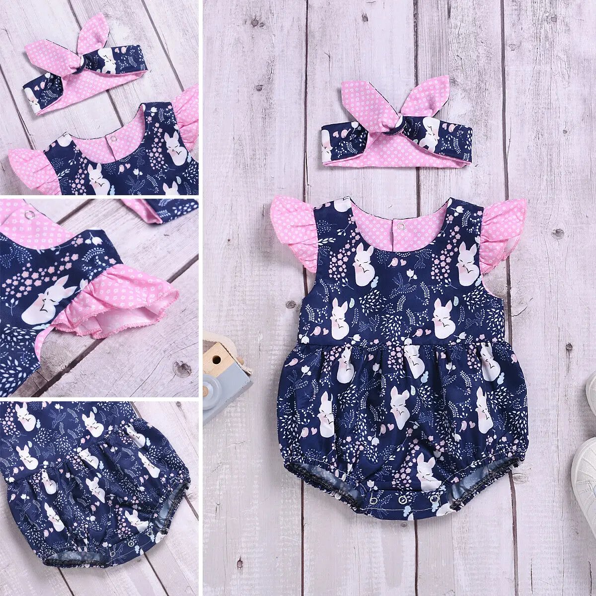 

Newest Newborn Baby Girl Clothes Fly Sleeve Fox Print Bodysuits Jumpsuit Headband 2pcs Outfits