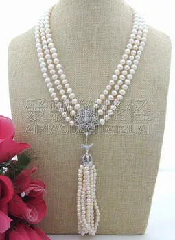 

N031908 3Strands White Pearl Rhinestone Pendant Necklace