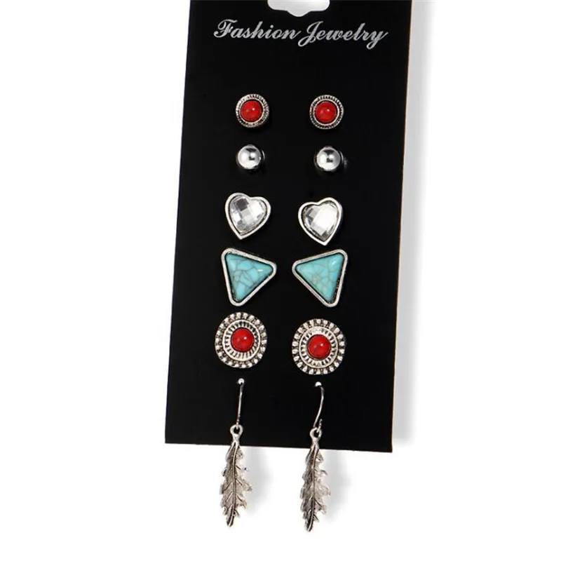 Fashion 6 Pairs/Set Punk Triangle Crystal Stud Earring Brincos Vintage Silver Color Ball