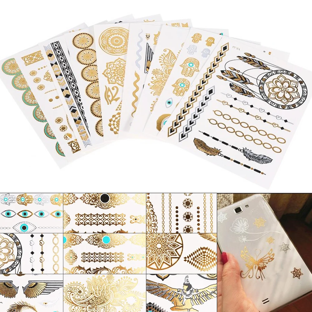 

Tattoo Stickers Temporary Tattoo Disposable Metallic Golden Silver Black Flash Tattoo Accessories Tattoo Stickers 20x10cm