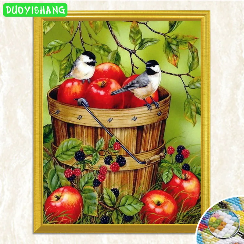 

DUOYISHANG 5D DIY Diamond Painting Apples in the Basket Full Square Diamond Embroidery Birds Rhinestones Mosaic Decor Painting