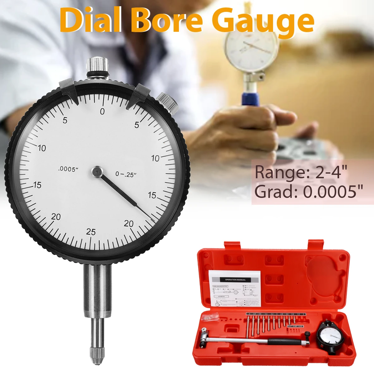 

2-4'' Grad 0.0005'' Movable/Changeable Probe Engine Cylinder Dial Bore Gauge Measure Indicator Resolution Steel+ABS Durability