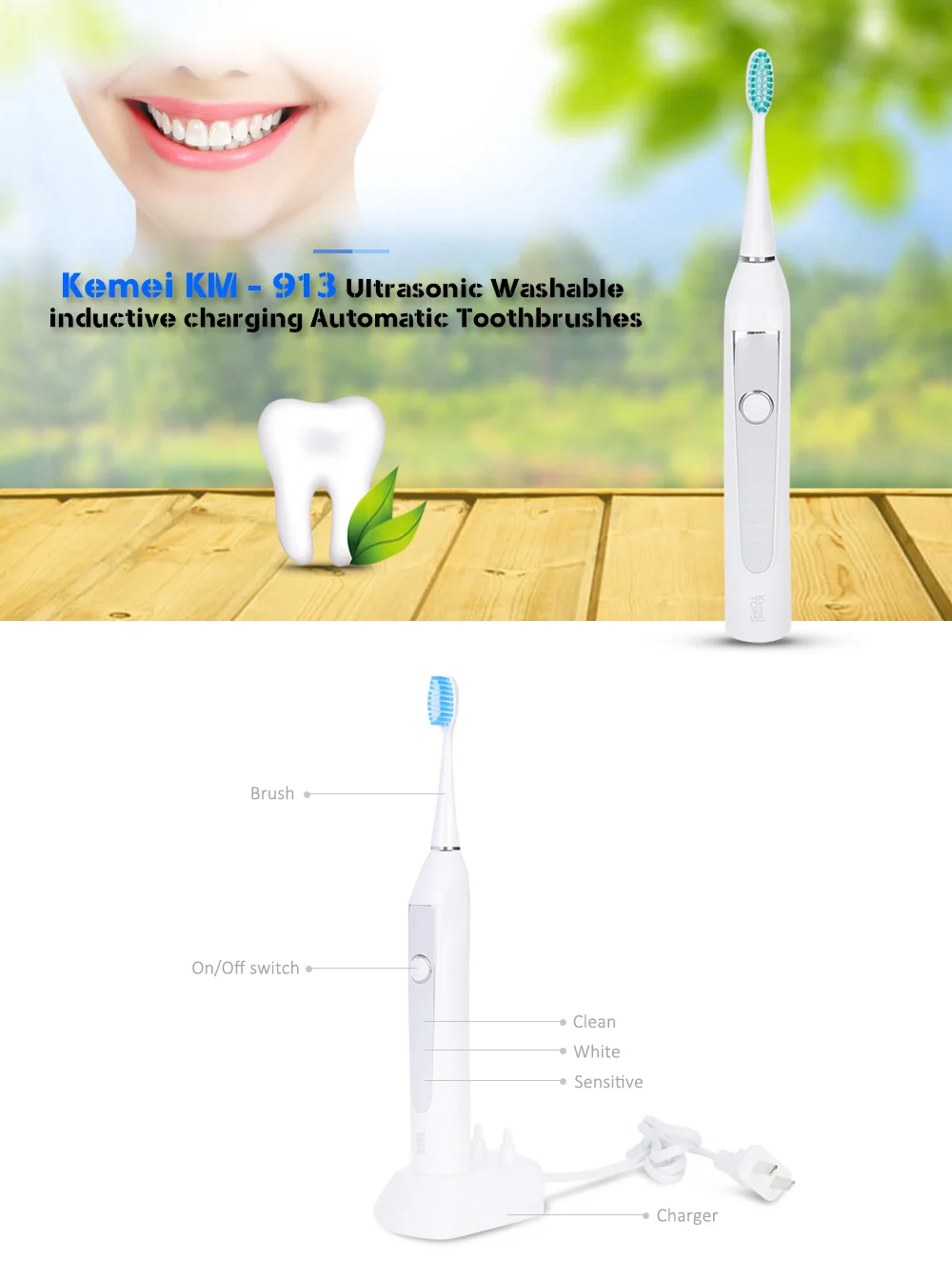 KM - 913 Ultrasonic Washable inductive charging Automatic Toothbrushes