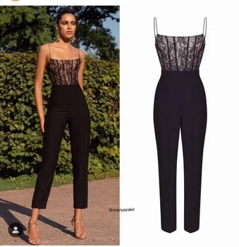 

High Quality Sexy Black Lace Bodycon Rayon Bandage Jumpsuit Elegant Fashion Jumpsuit