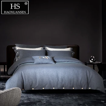 

800 Thread Count Dark Grey Sanding Cotton Bedding Sets Button Design Soft Warm 4pcs Bed Linen Set Queen King Size Adult Bed Set