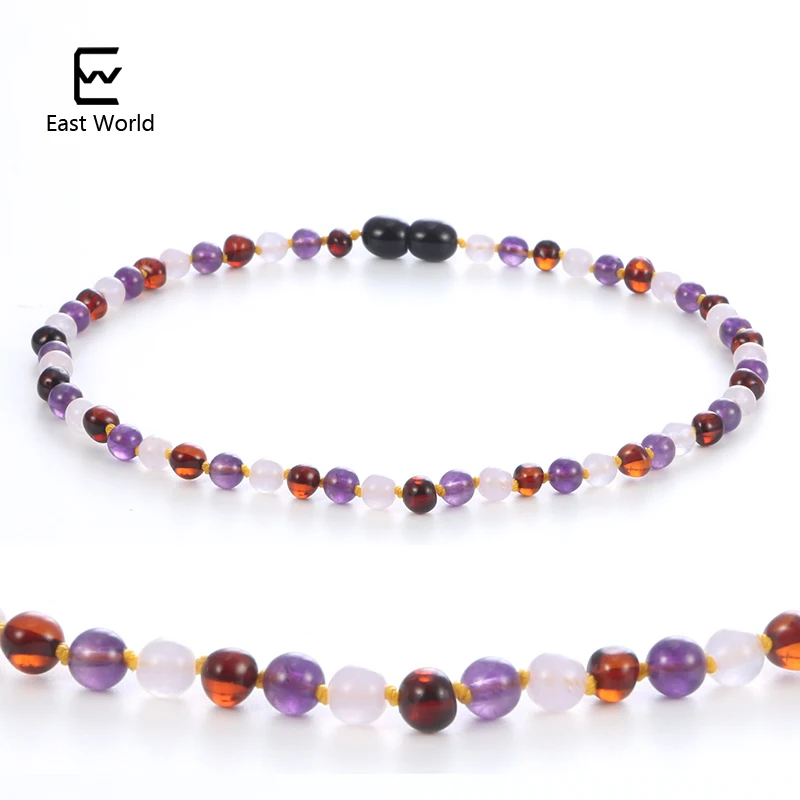 EAST WORLD Natural Amber Necklace for Kids Rose Quartz Amethyst Jewelry
