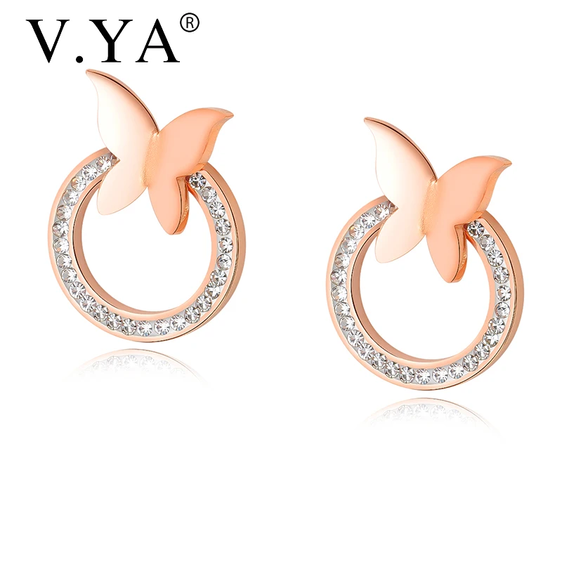 

V.YA New Butterfly Earrings For Women Simple Stainless Steel Rose Gold Earrings Zircon Stu Earrings For Girl Best Gift