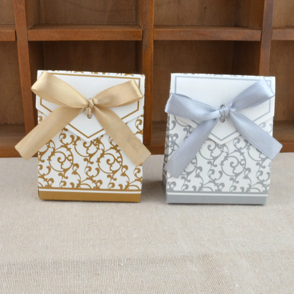 5 шт. Золотая, серебряная бумажная коробка для конфет с ленточка на свадебные подарки Подарочная коробка сумки сахар золотой чехол День рождения Свадьба украшения