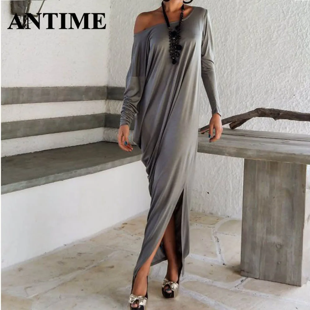 

ANTIME Female Casual New Ankle Length Dresses Typical Straight Long Sleeve Solid Elegant One Shoulder Slit Dress Autumn Fall