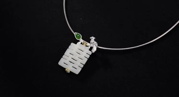 

Sterling S925 925 silver Necklace Nephrite double happiness magpie bird Pendant sweater chain