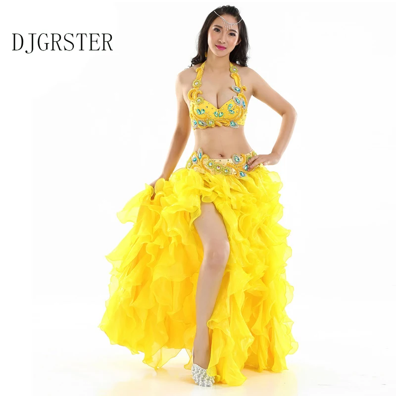 Beading Sequins Professional Belly Dancing Costumes 3PCS Bra+Belt+Skirt S M L