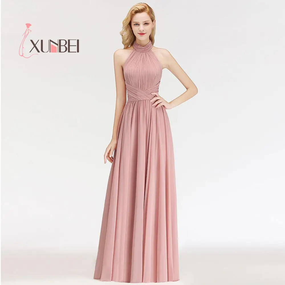 Vestido de festa longo розовое вечернее платье с лямкой на шее длинное шифоновое без