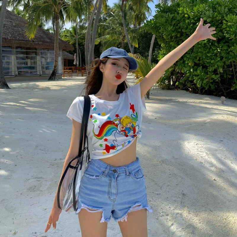 

Fashion retro children's fun rainbow pony cute short-sleeved T-shirt women's 2019 new trend short shirt women womens clothing